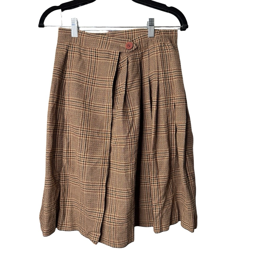 RUSS Womens Size 8 Brown Plaid Wrap Pleated Midi Skirt A Line Preppy Cottagecore